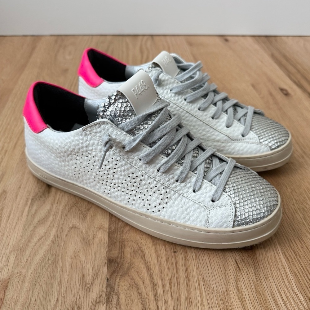 P448 John Lace-Up Low-Top Leather White Pink Silver Sneakers Size 42 / 11.5-12